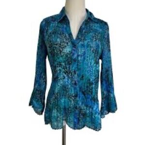 FASHION BUG BLUE DAMASK PRINTED PLEATED STRETCH TOP BLOUSE